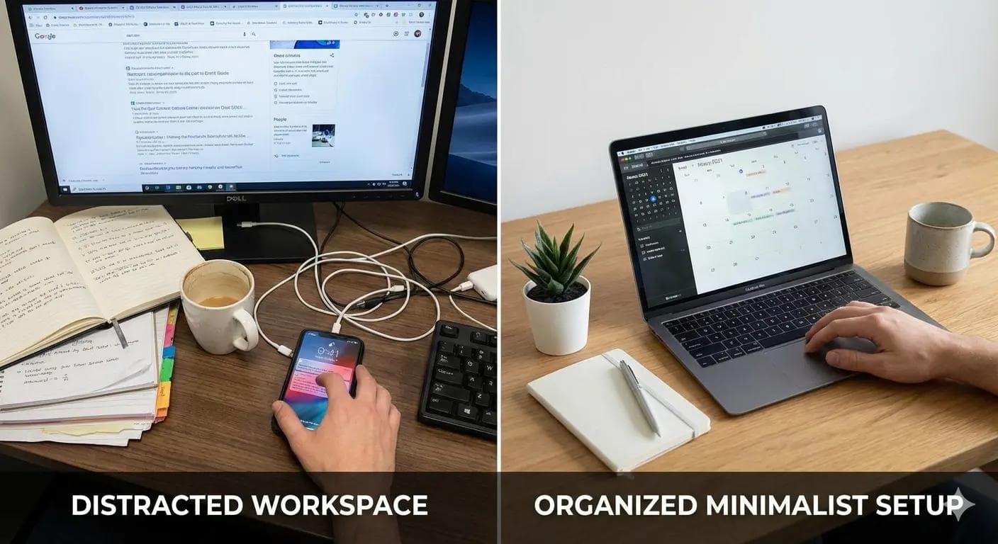 Comparison of a distracted workspace versus an organized minimalist desk setup